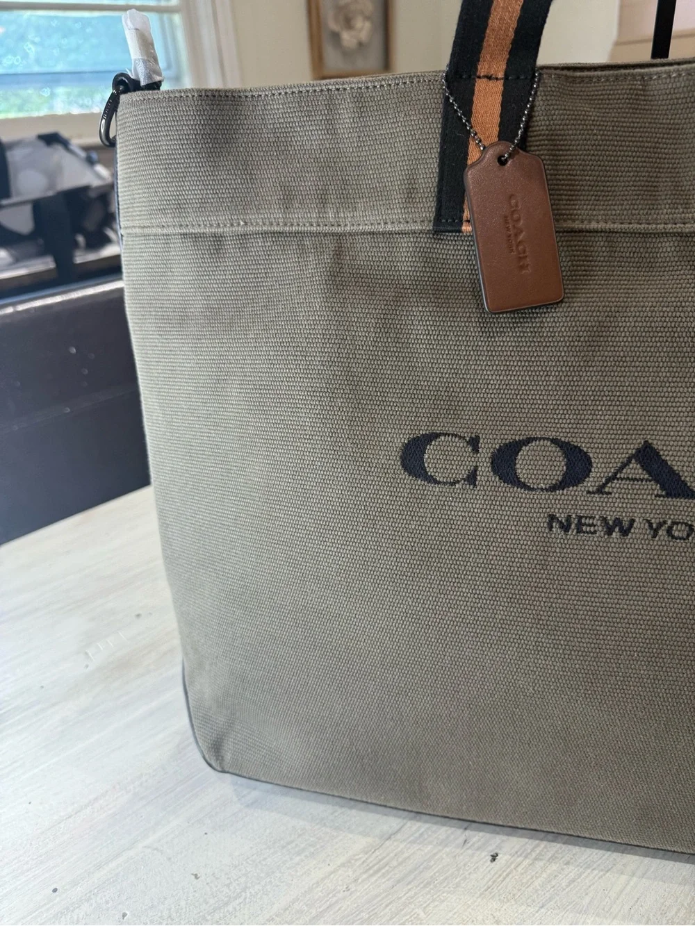 Coach Olive Canvas Tote with Black and Tan Handle Accents